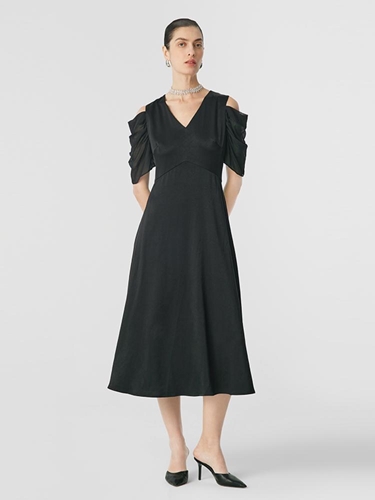 Black Triacetate Gathered Waist V-Neck Midi Dress