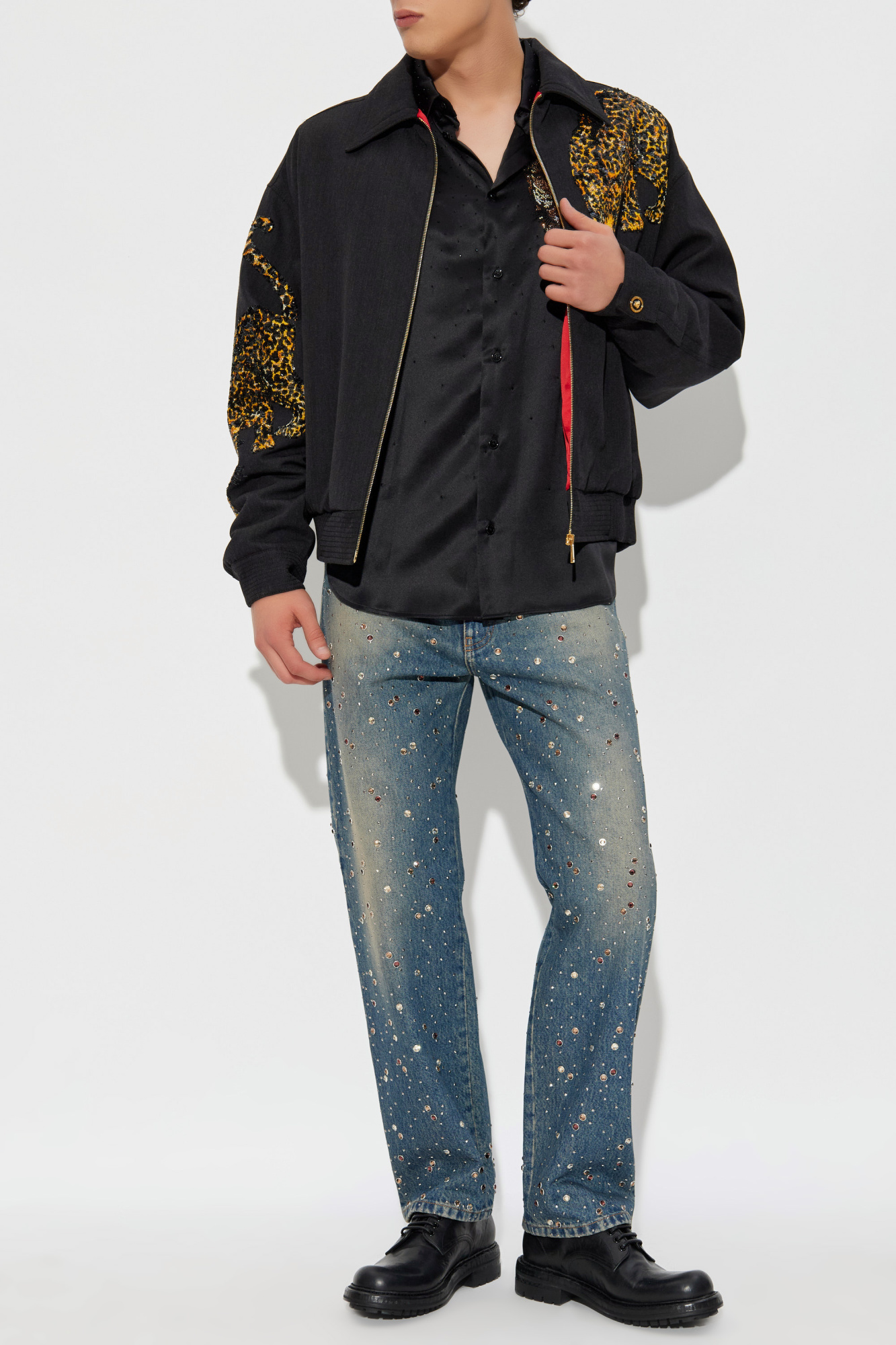 Silk Shirt With Shimmering Appliqués, Men's, Black