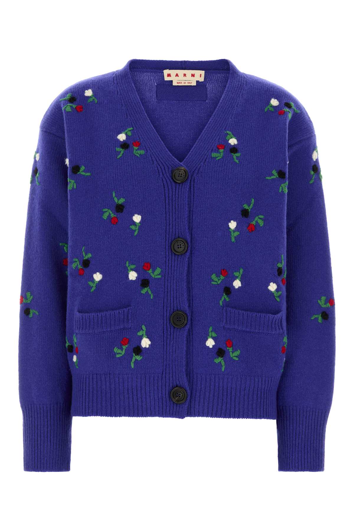 Floral-Embroidered Virgin Wool Cardigan — Blue