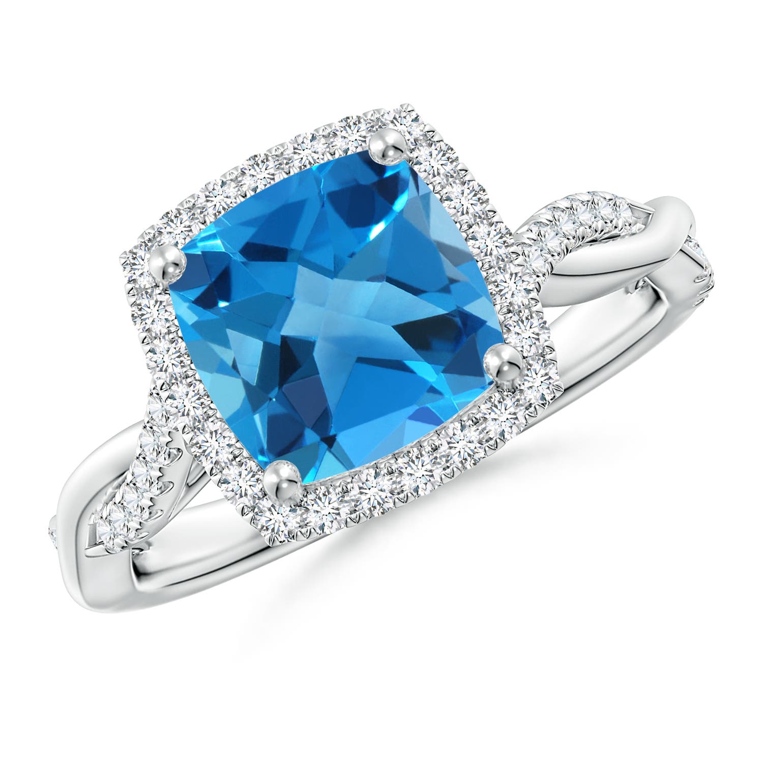 Angara 2.5 Carats Twisted Shank Cushion Swiss Blue Topaz Halo Engagement Ring in Platinum