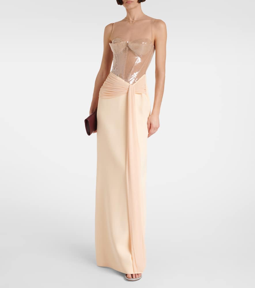 Sequined cady and mesh corset gown