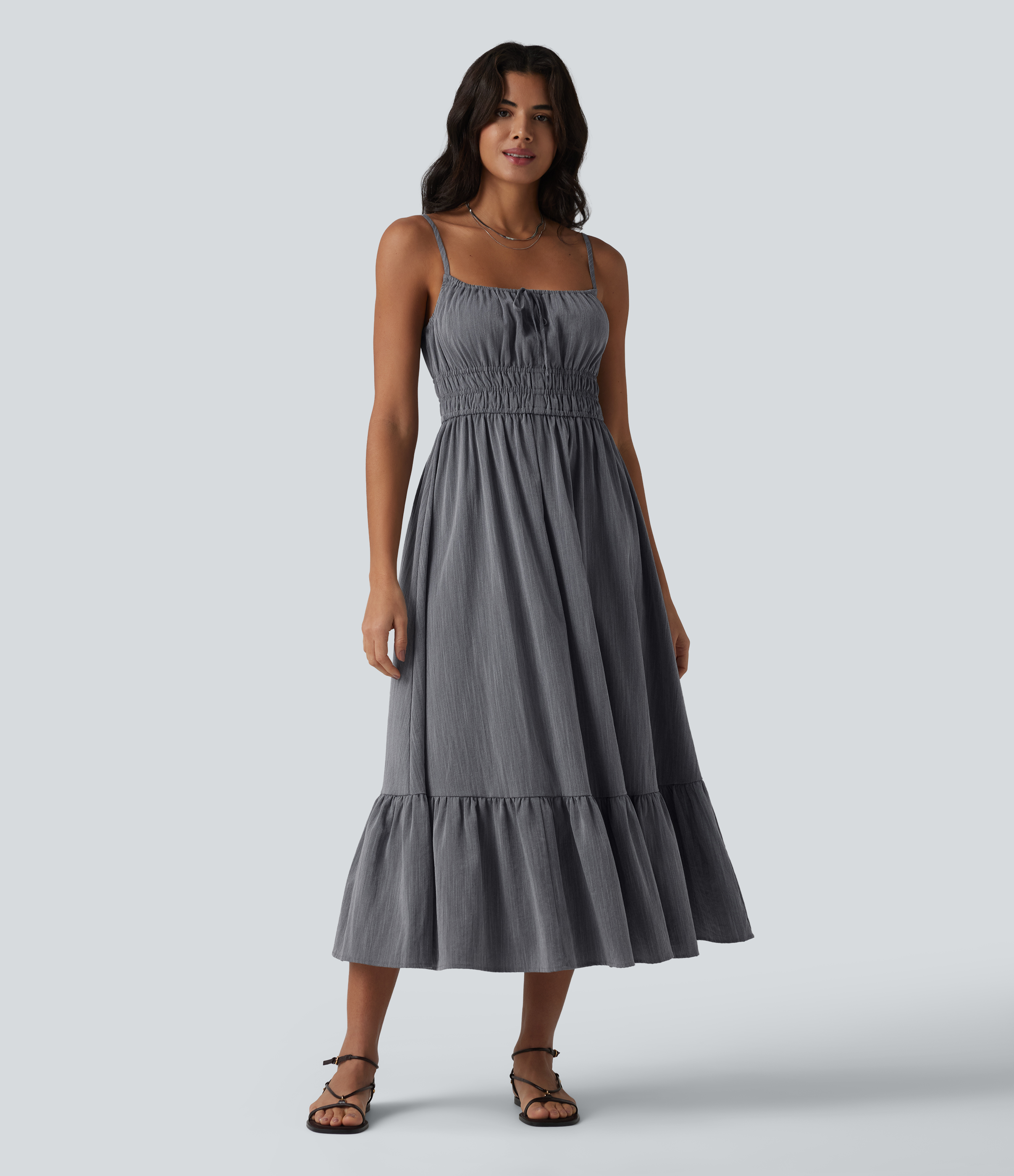 Tie Front Flowy Midi Casual Linen-Feel Slip Dress Casual Dress - Obsidian Weave