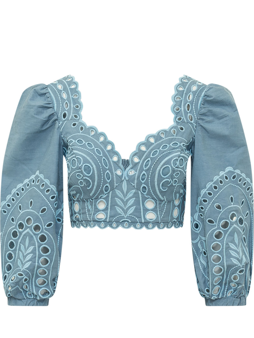 Blue Embroidered Sweetheart Neck Top
