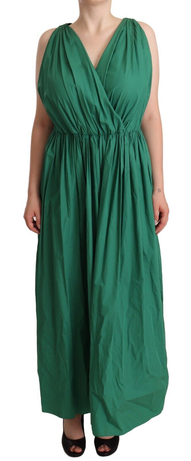 Pleated A-Line Cotton Dress — Green