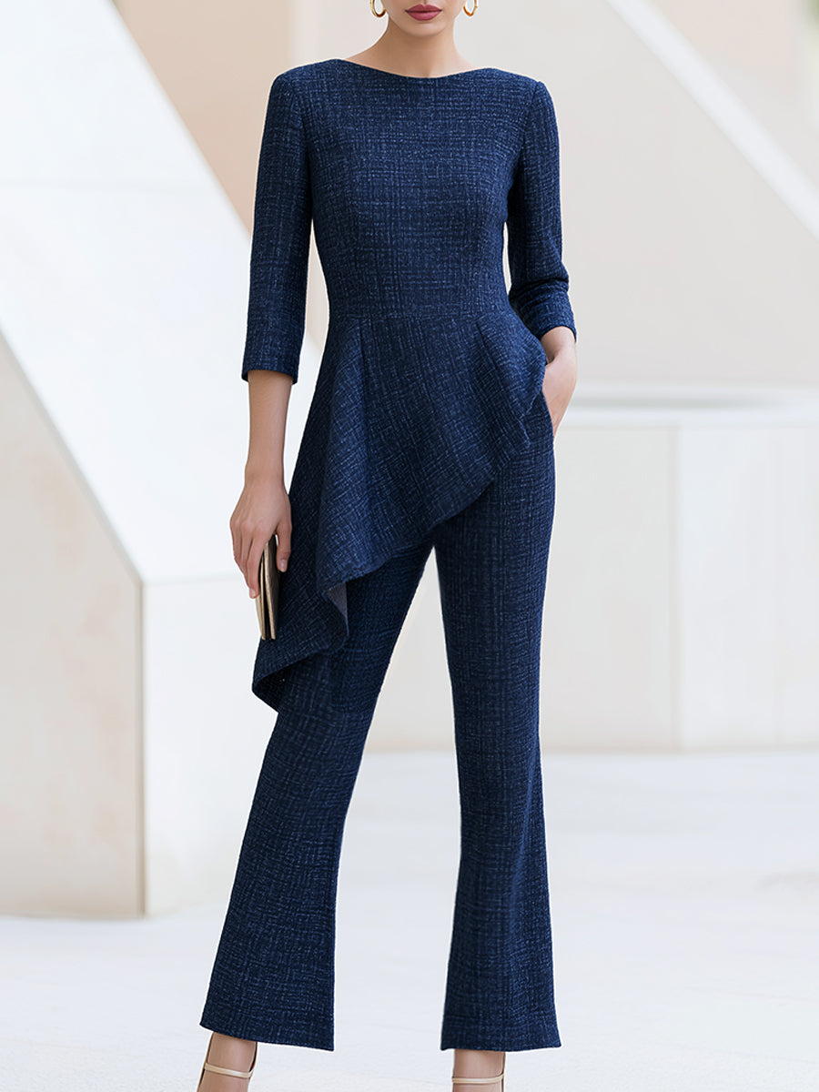 Asymmetric Draped Ruffle Flared Jumpsuit Two-Piece Set - Navy Blue