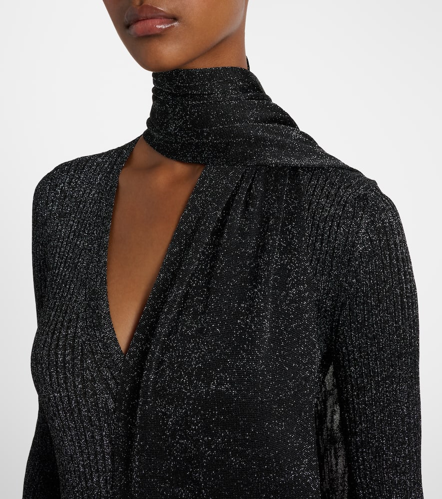 Feather-trimmed lamé maxi dress