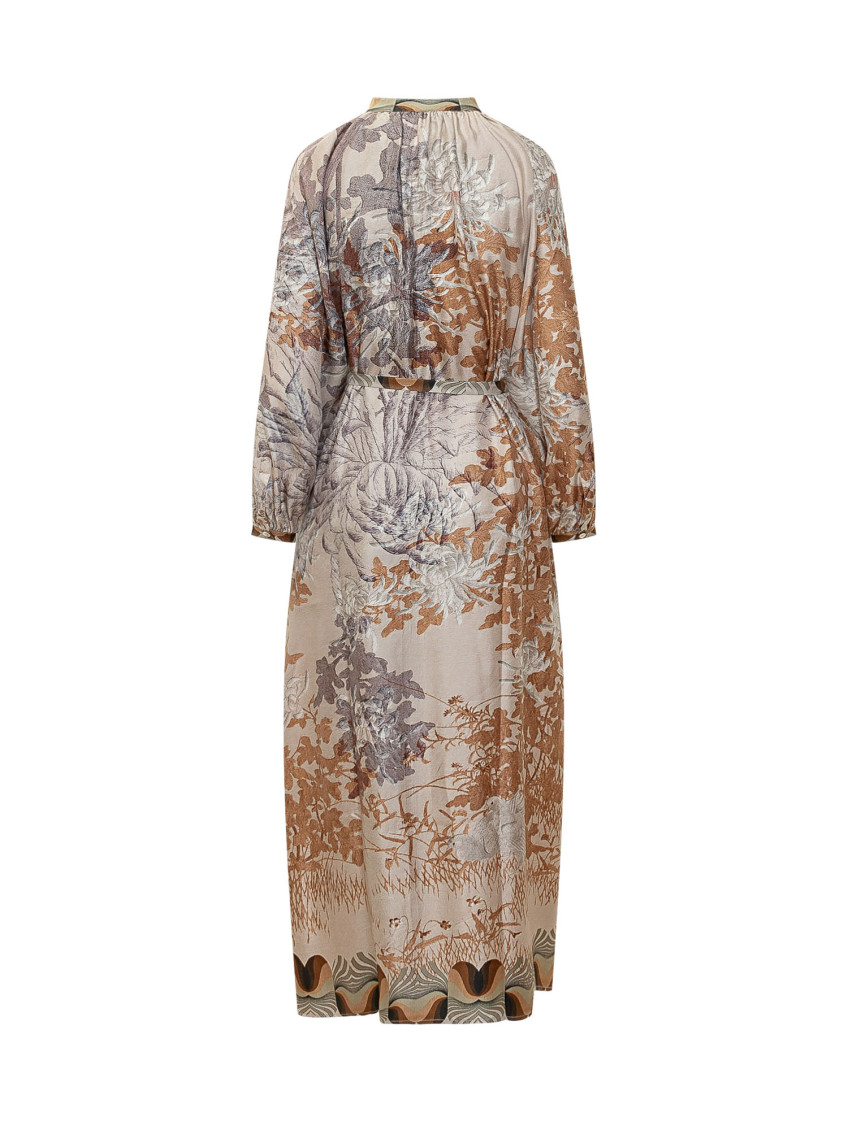 Beige Floral Mandarin Collar Maxi Dress