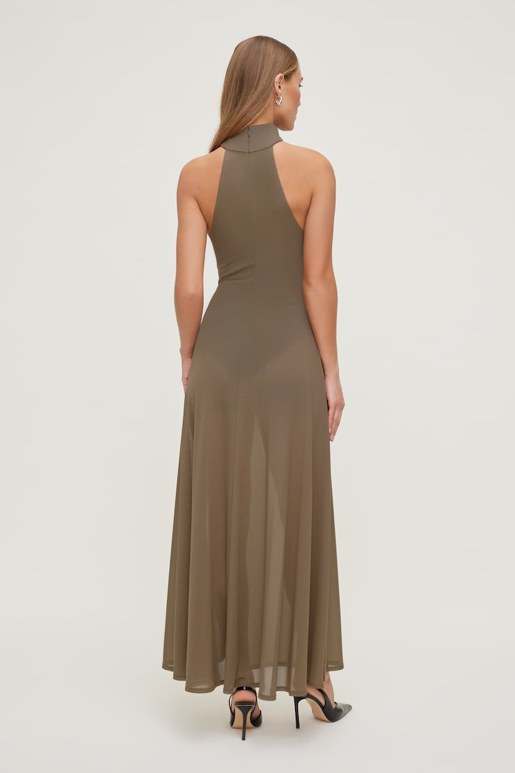 Sheer Mesh Halter Maxi Dress - Brown - Women Clothing