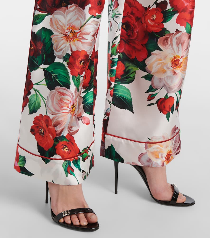Floral silk satin wide-leg pants