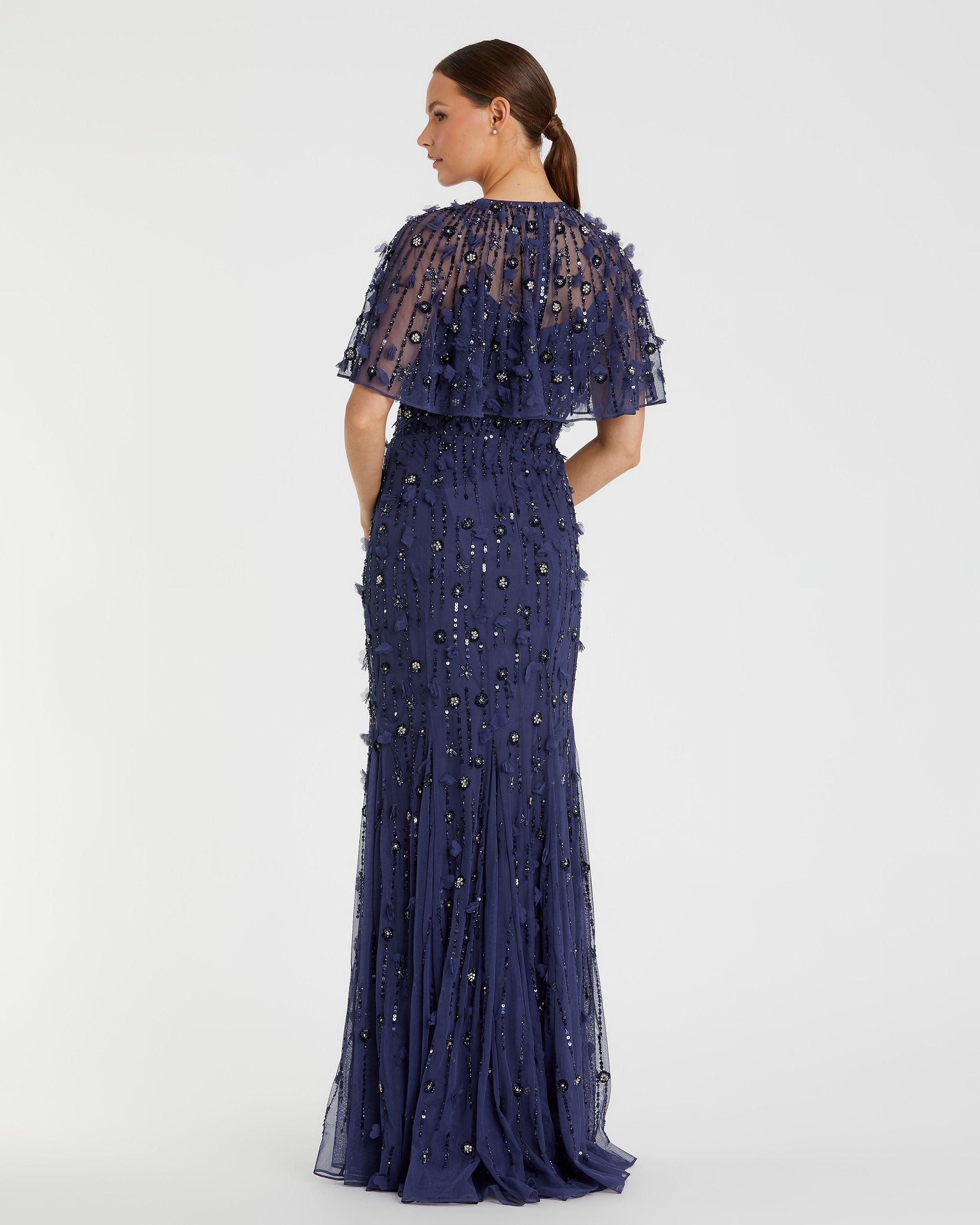 Navy Embellished Illusion Cape Sleeve Trumpett Maxi Gown In Black