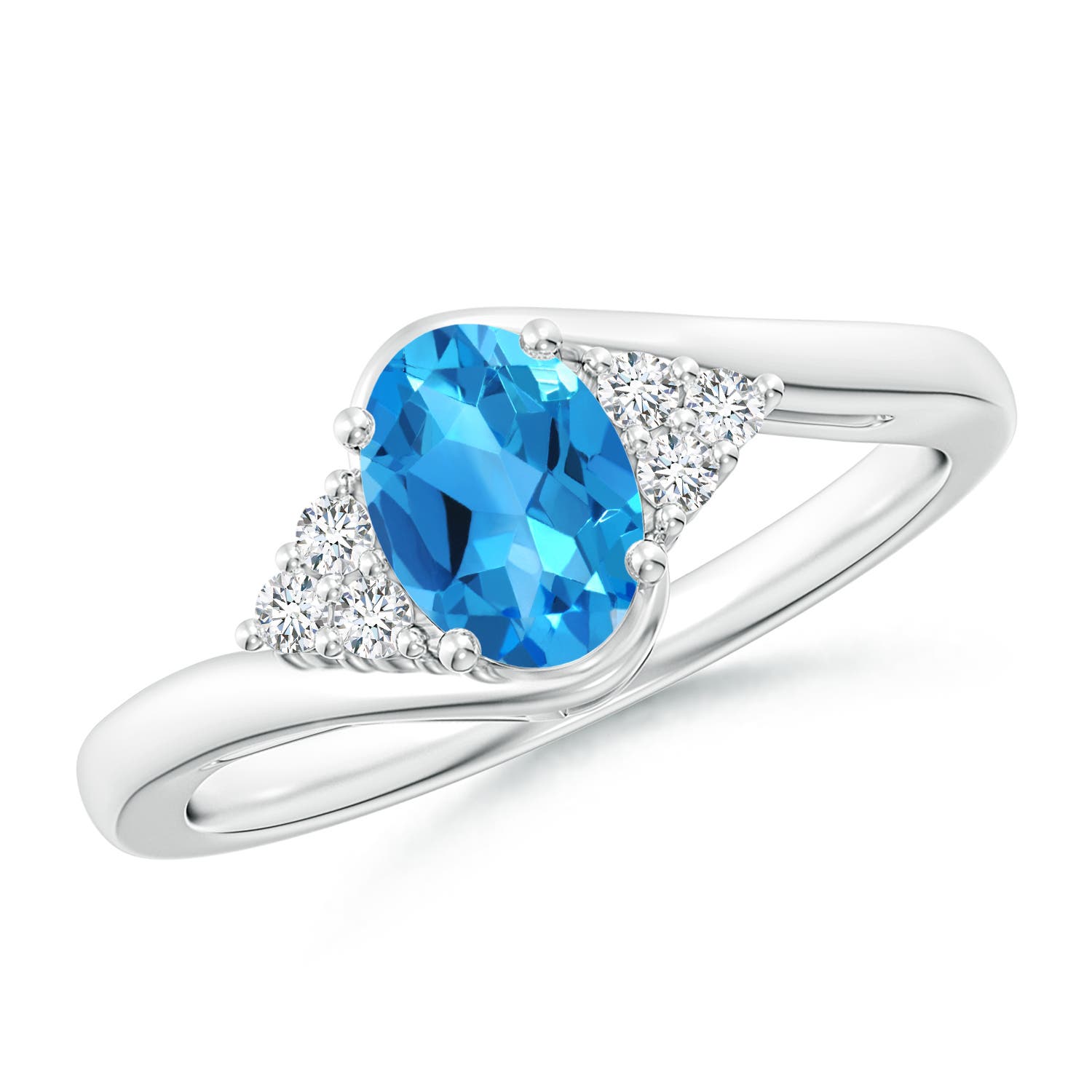 Angara 0.95 Carat Oval Swiss Blue Topaz Bypass Ring with Trio Diamond Accents in Platinum