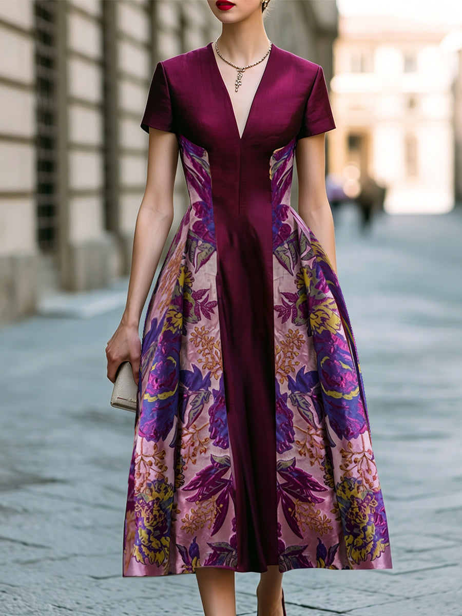 Floral Jacquard Panel V-Neck A-Line Midi Dress - Burgundy