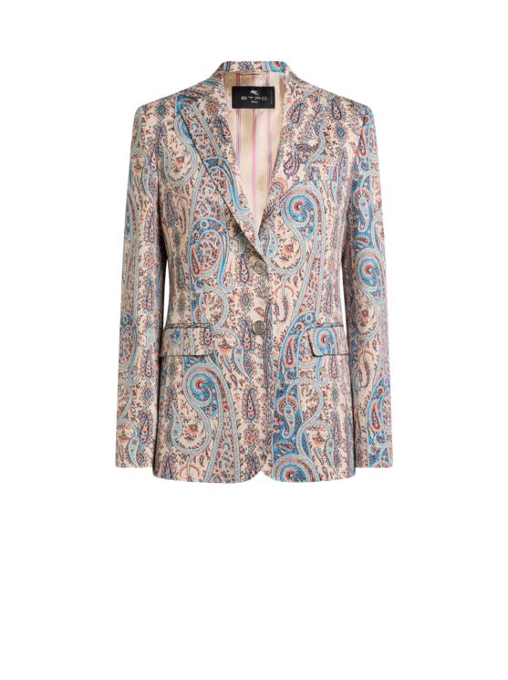 Single-breasted Cotton-blend Jacquard Jacket With Paisley Foliage Motif
