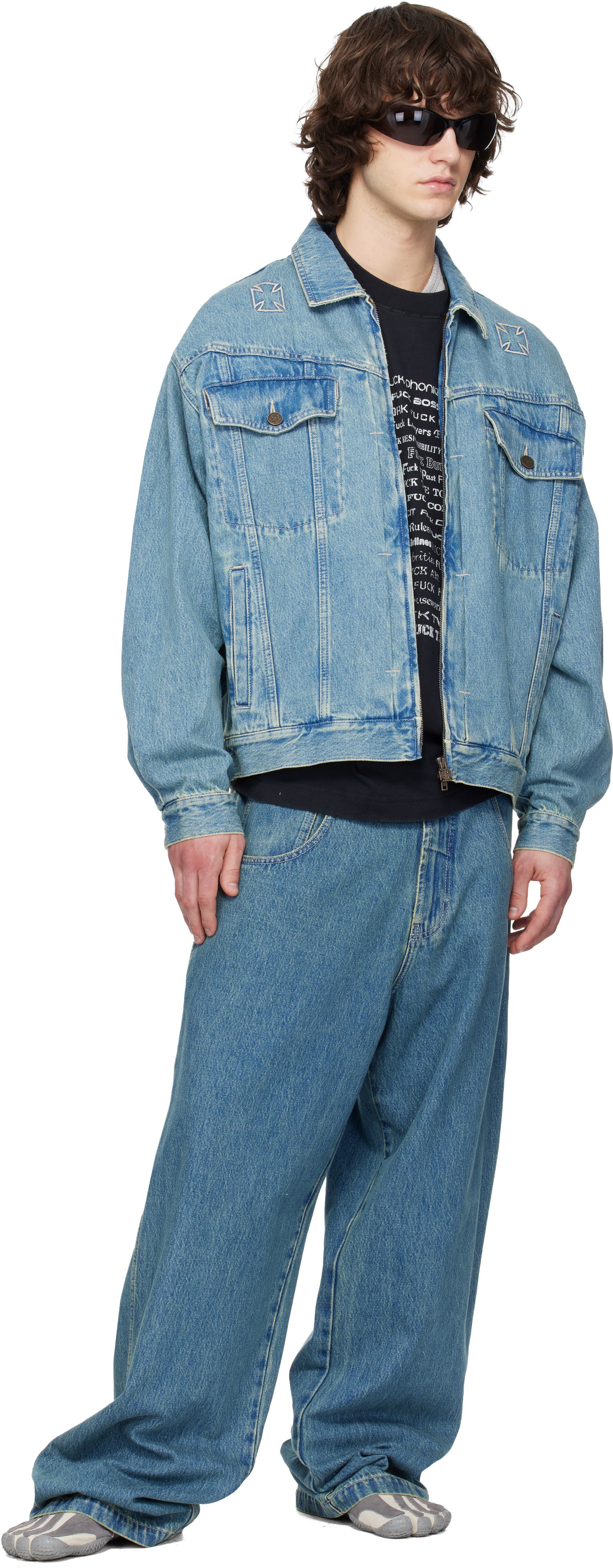 Blue Biker Crosses Denim Jacket