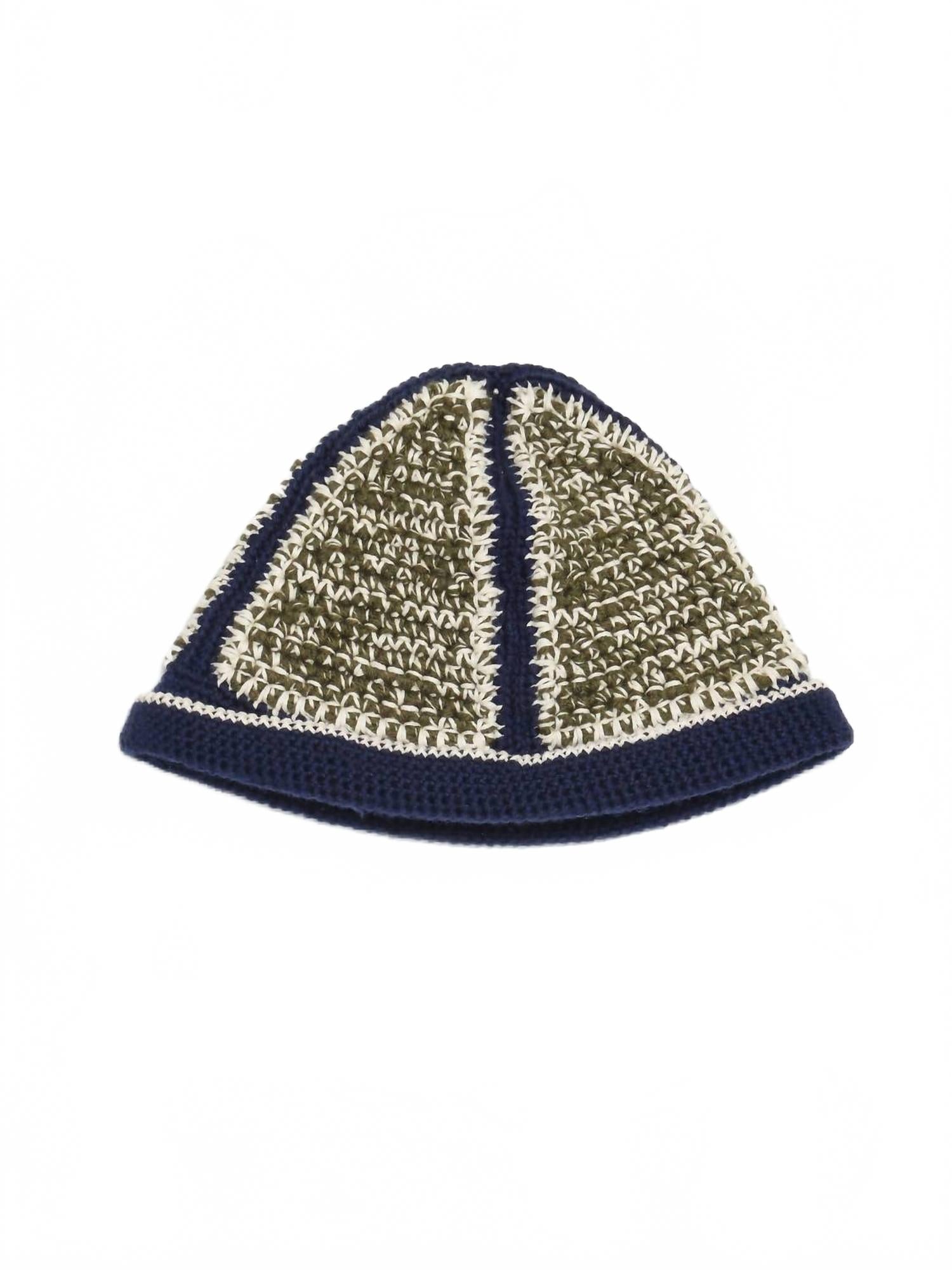Hand-Crocheted Bucket Hat In Navy/ecru/olive
