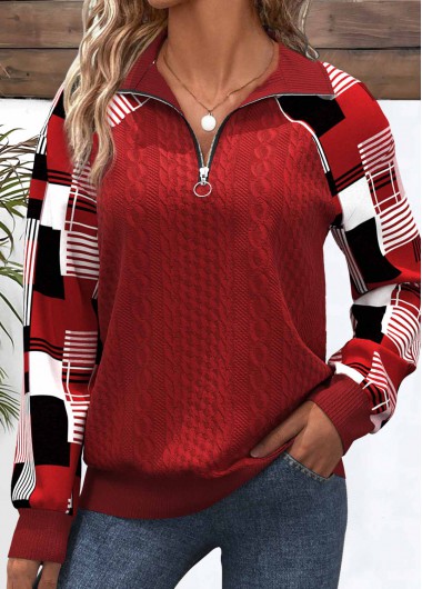 Modlily Plus Red Patchwork Plaid Long Sleeve Sweatshirt - 3X