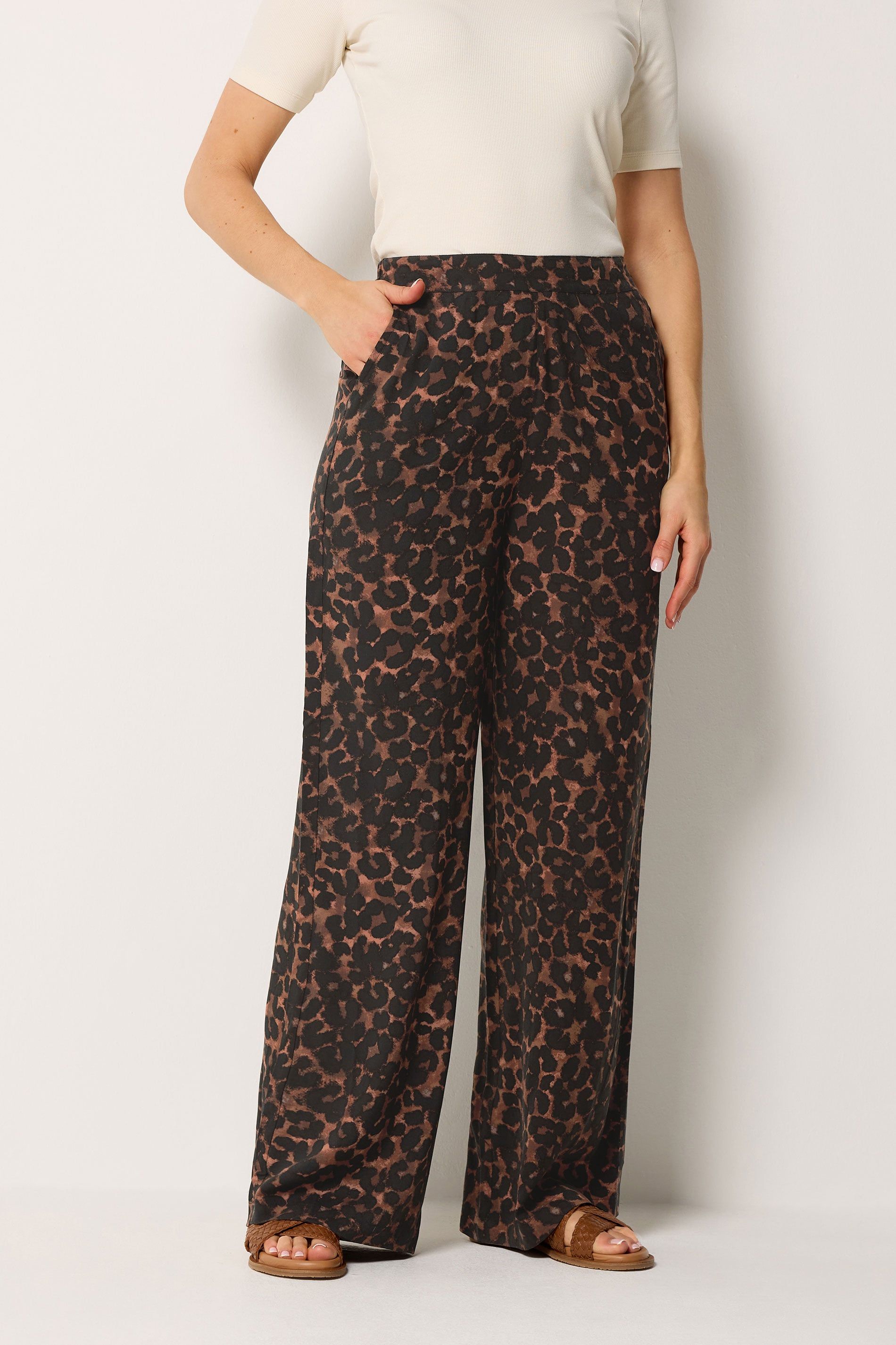 Long Tall Sally Women's Tall Leopard Print Wide Leg Trousers in Chocolate