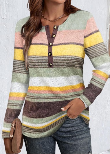 Modlily Multi Color Button Striped Long Sleeve T Shirt