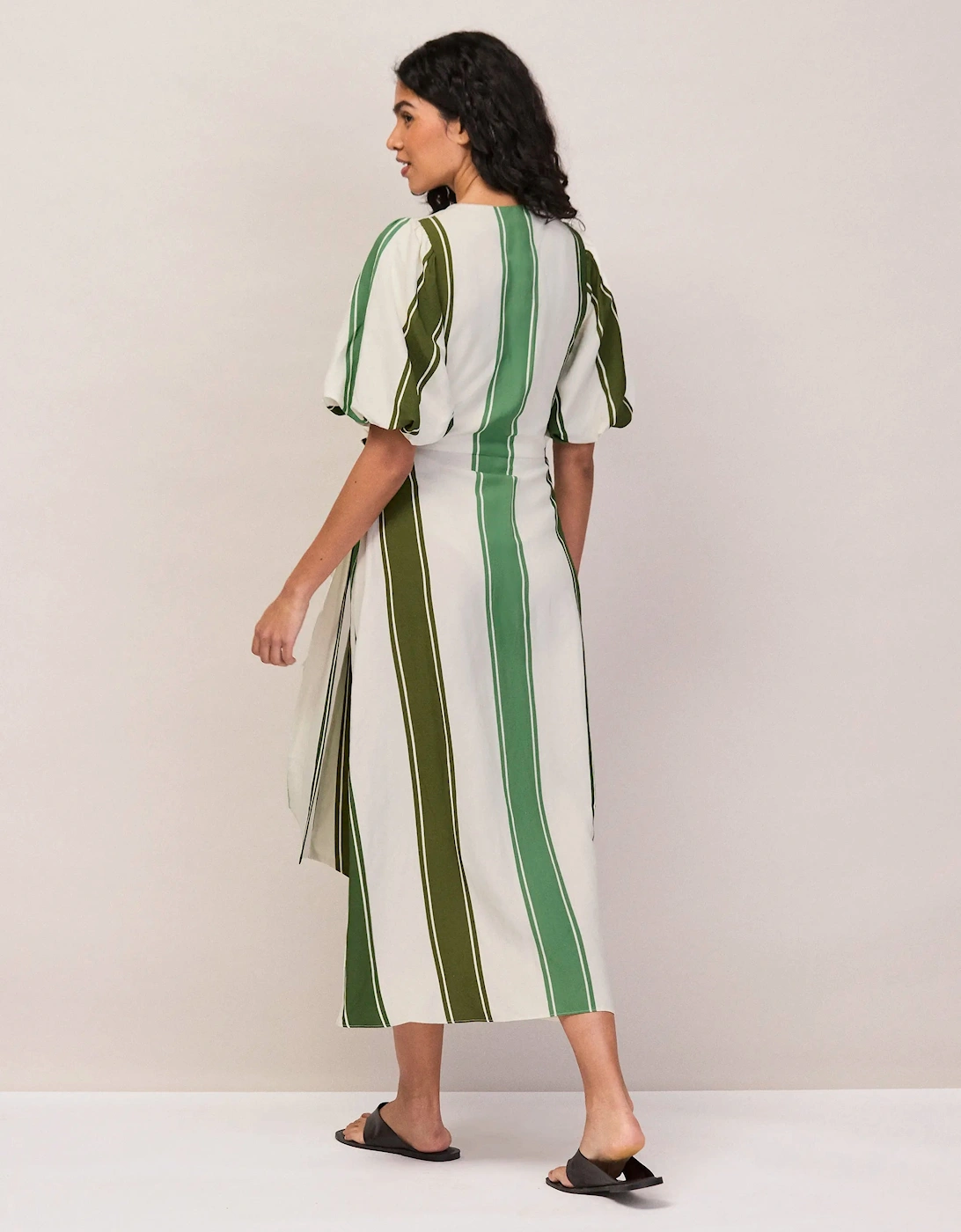 RO&ZO Women's Petite Green Stripe Linen Blend Wrap Dre