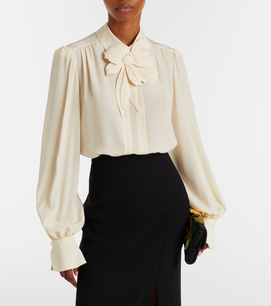 Floral-appliqué silk crêpe de chine blouse