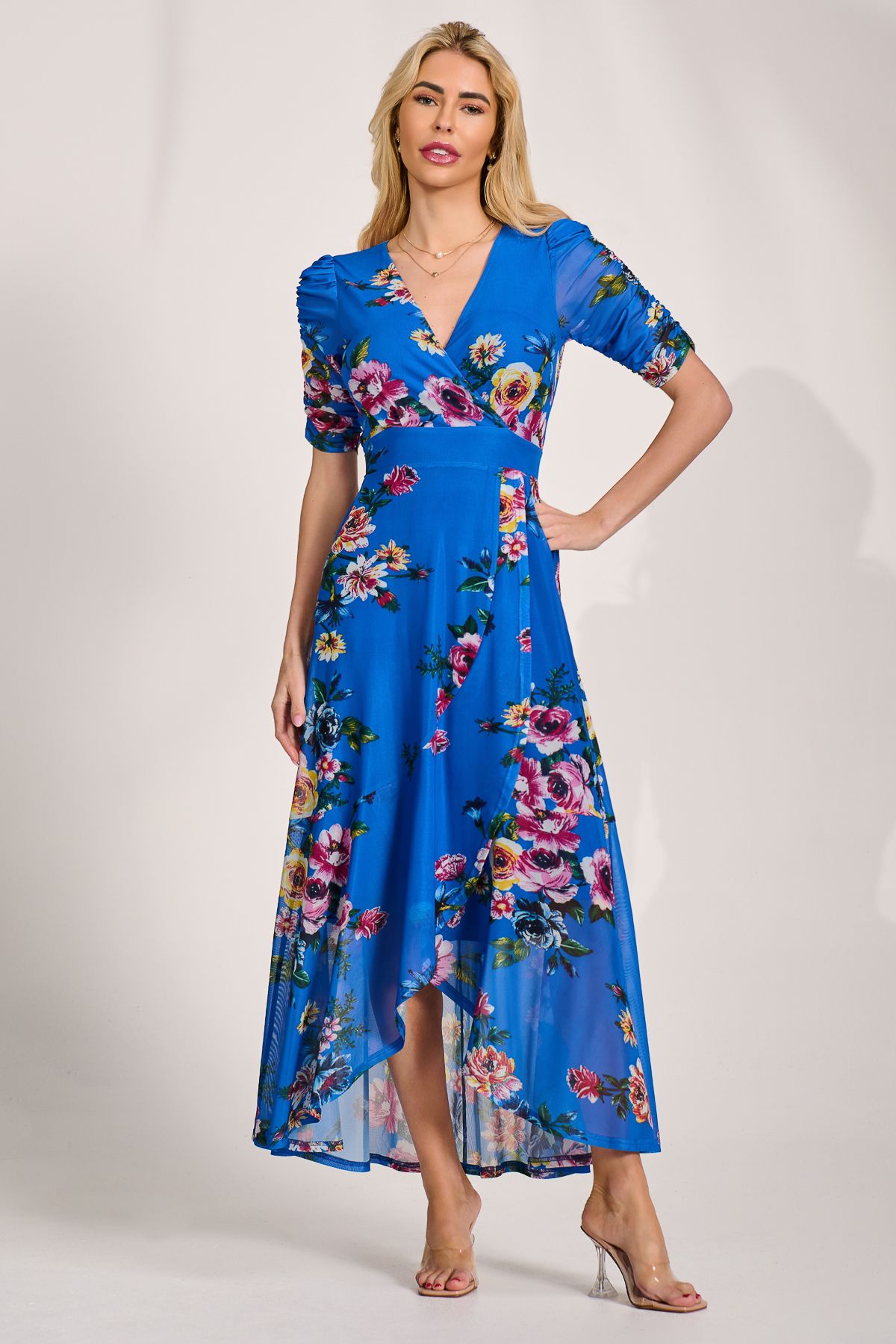 Jolie Moi Women's Ruched Sleeve Mesh Maxi Dress in Blue