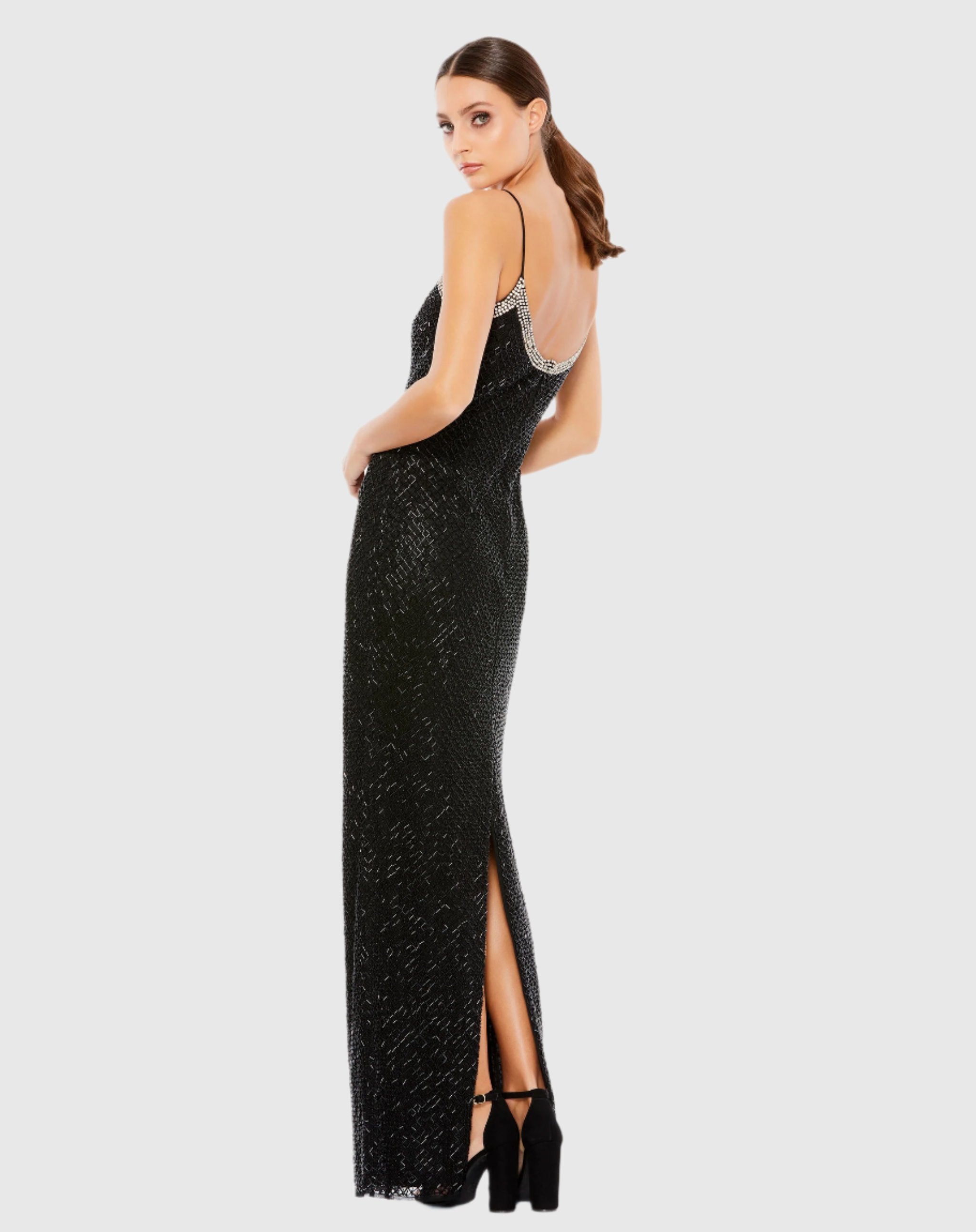 Black Beaded Spaghetti Strap Column Wedding Guest Maxi Gown In