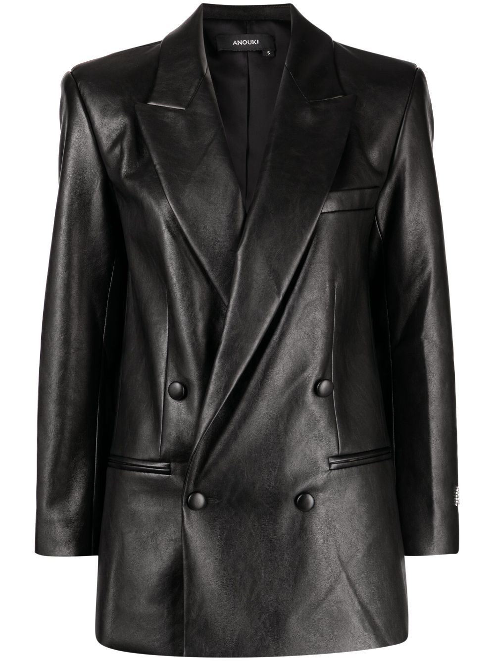 Double-breasted faux-leather blazer - Black