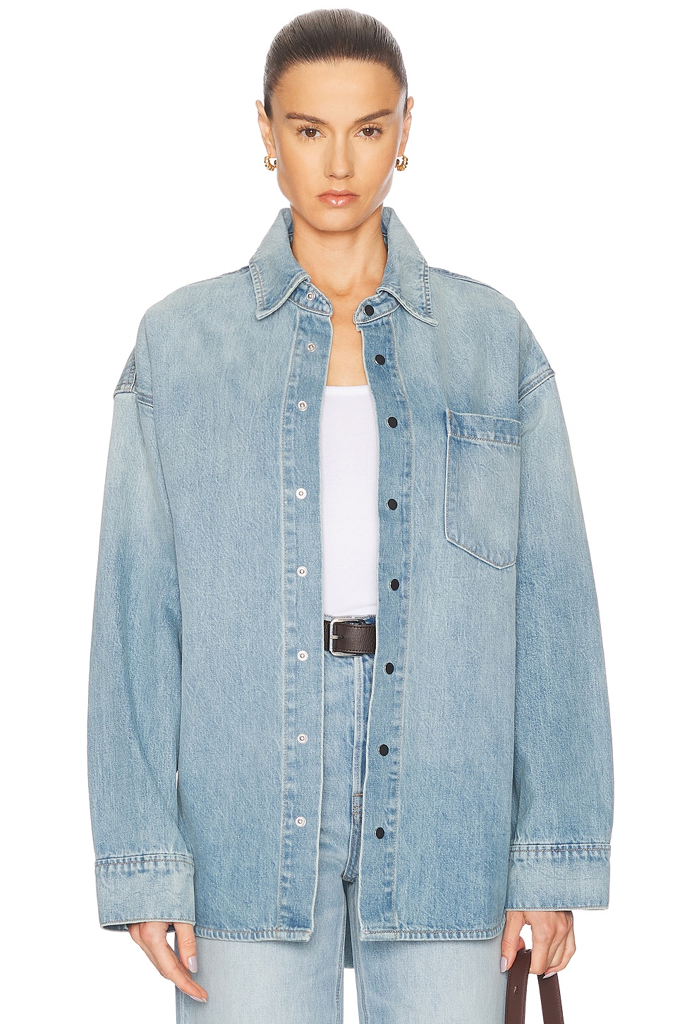 GRLFRND Donna Shirt in La Brea Ave - Blue. M/L also in