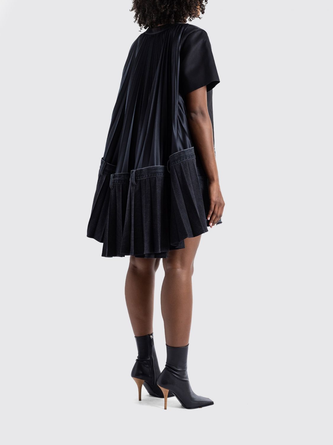 Flared Mini Dress in Denim and Silk with Asymmetrical Pleated Skirt