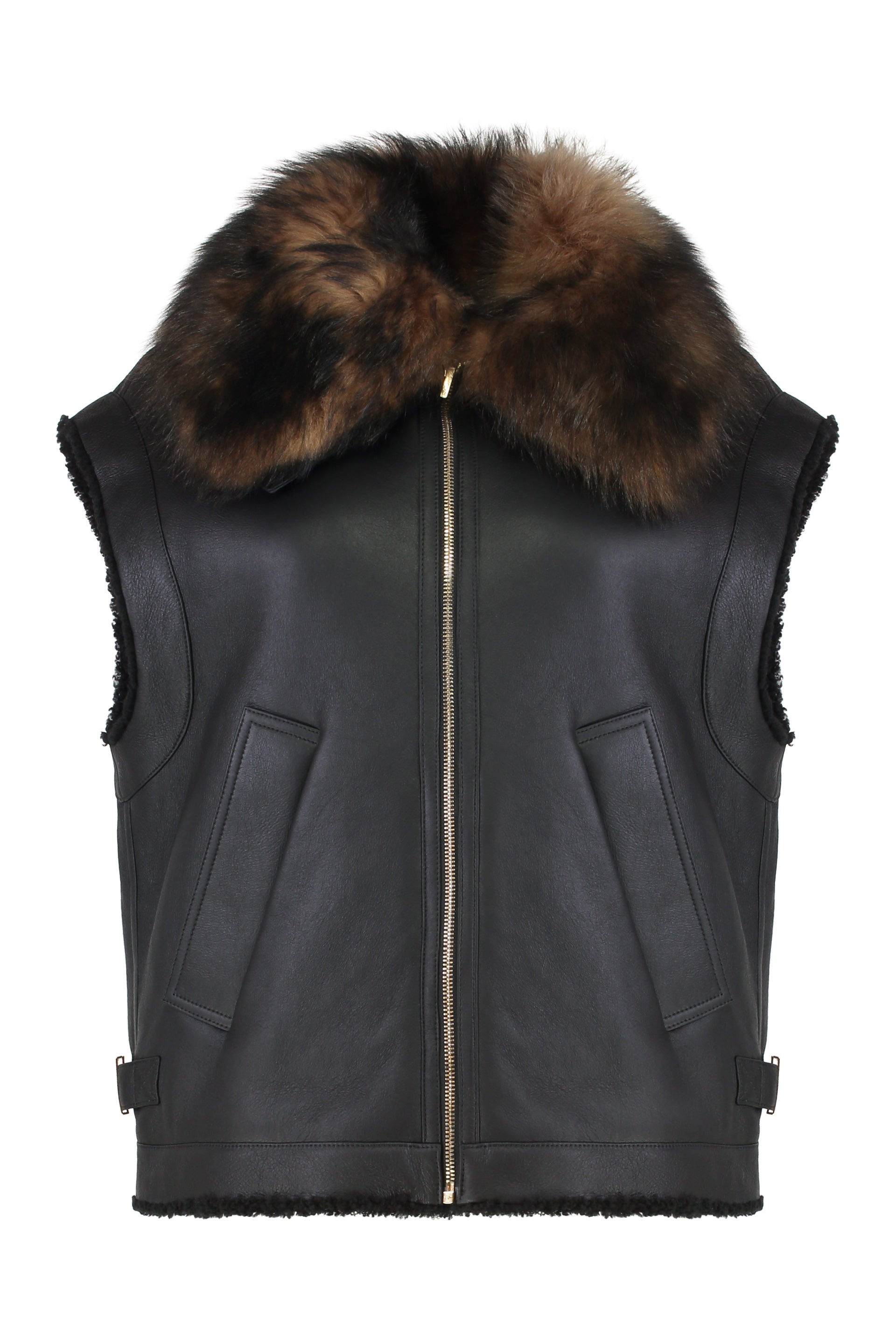 Shearling-Trim Nappa Lamb Leather Gilet with Diagonal Pockets and FF Buckles