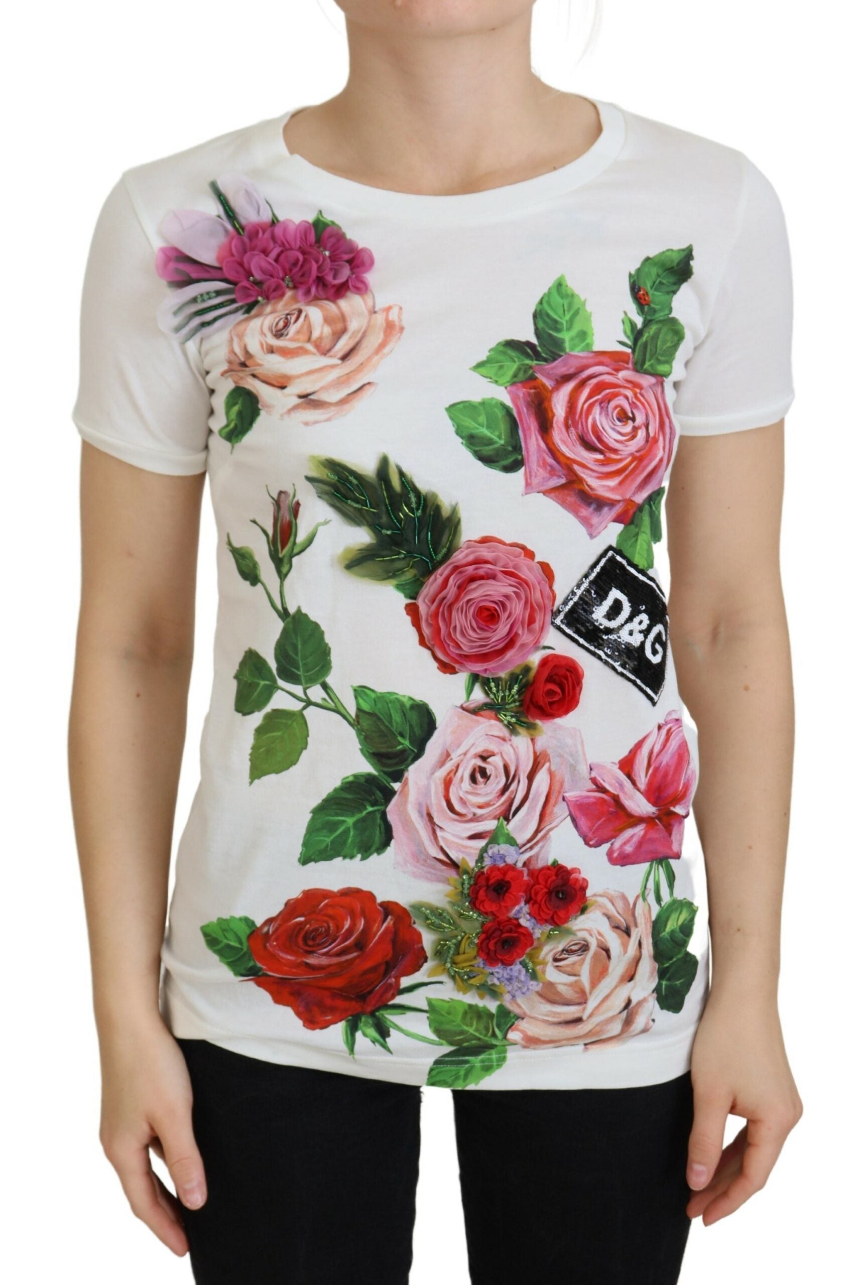 Rose & Logo-Printed Cotton T-Shirt — White