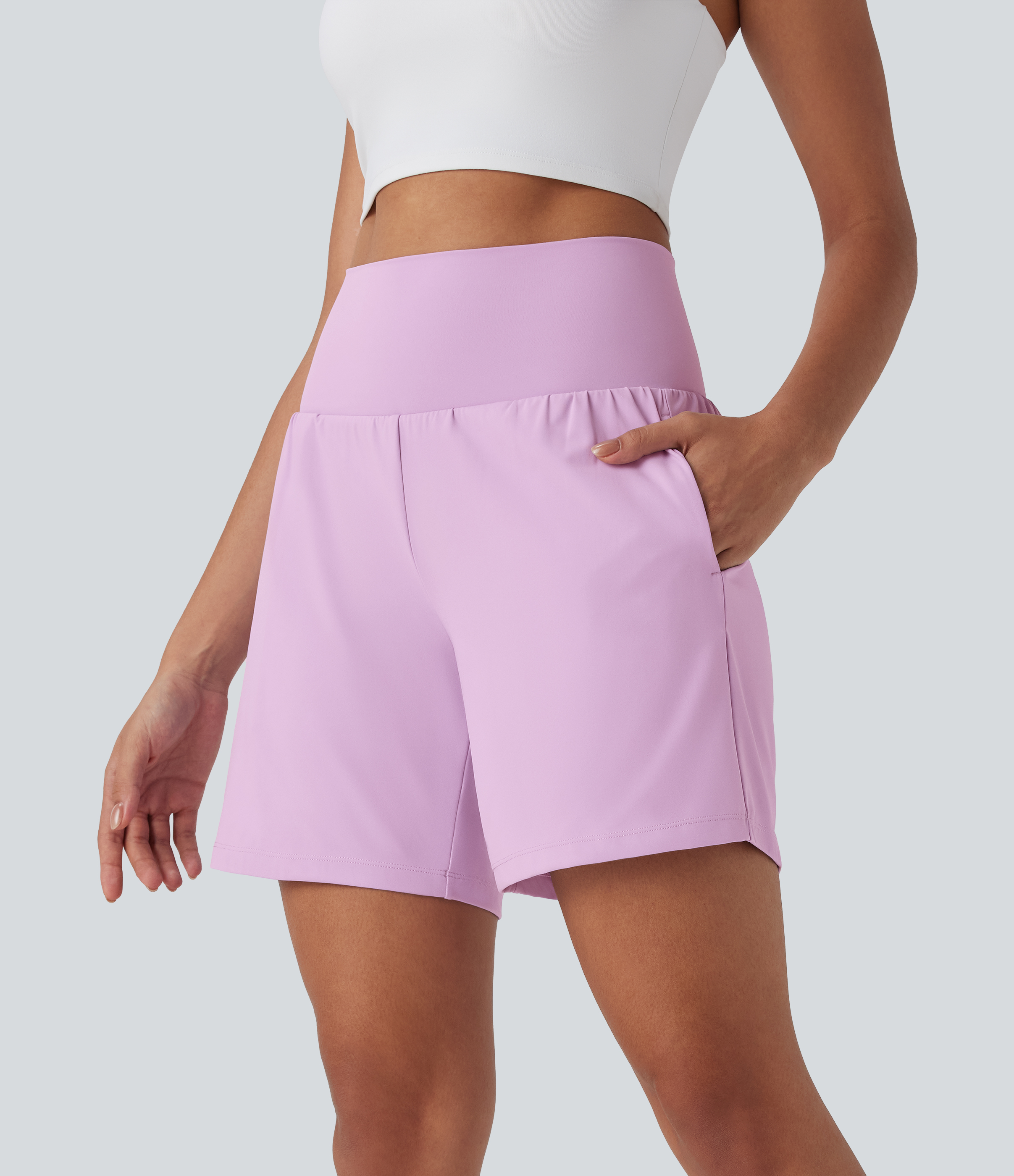 "Softlyzero™ Airy Super High Waisted 2-in-1 Cool Touch Yoga Shorts 7"" with Pockets Gym Short - Orchid Bouquet