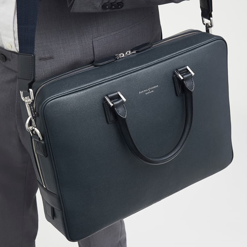 Mount Street Leather Laptop Briefcase Bag in Navy Saffiano