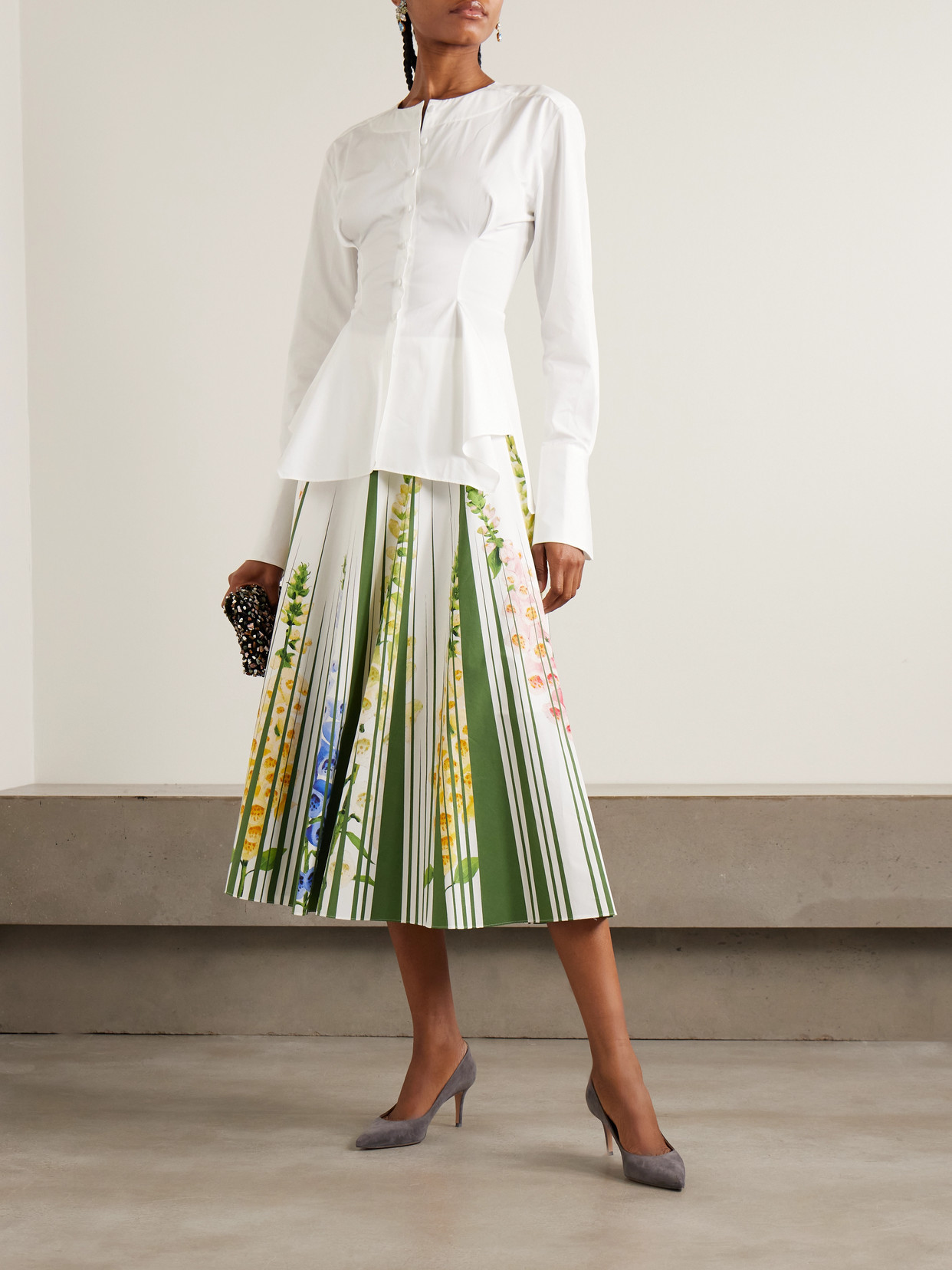 Foxgloves Floral-print Cotton-blend Poplin Midi Skirt - Green