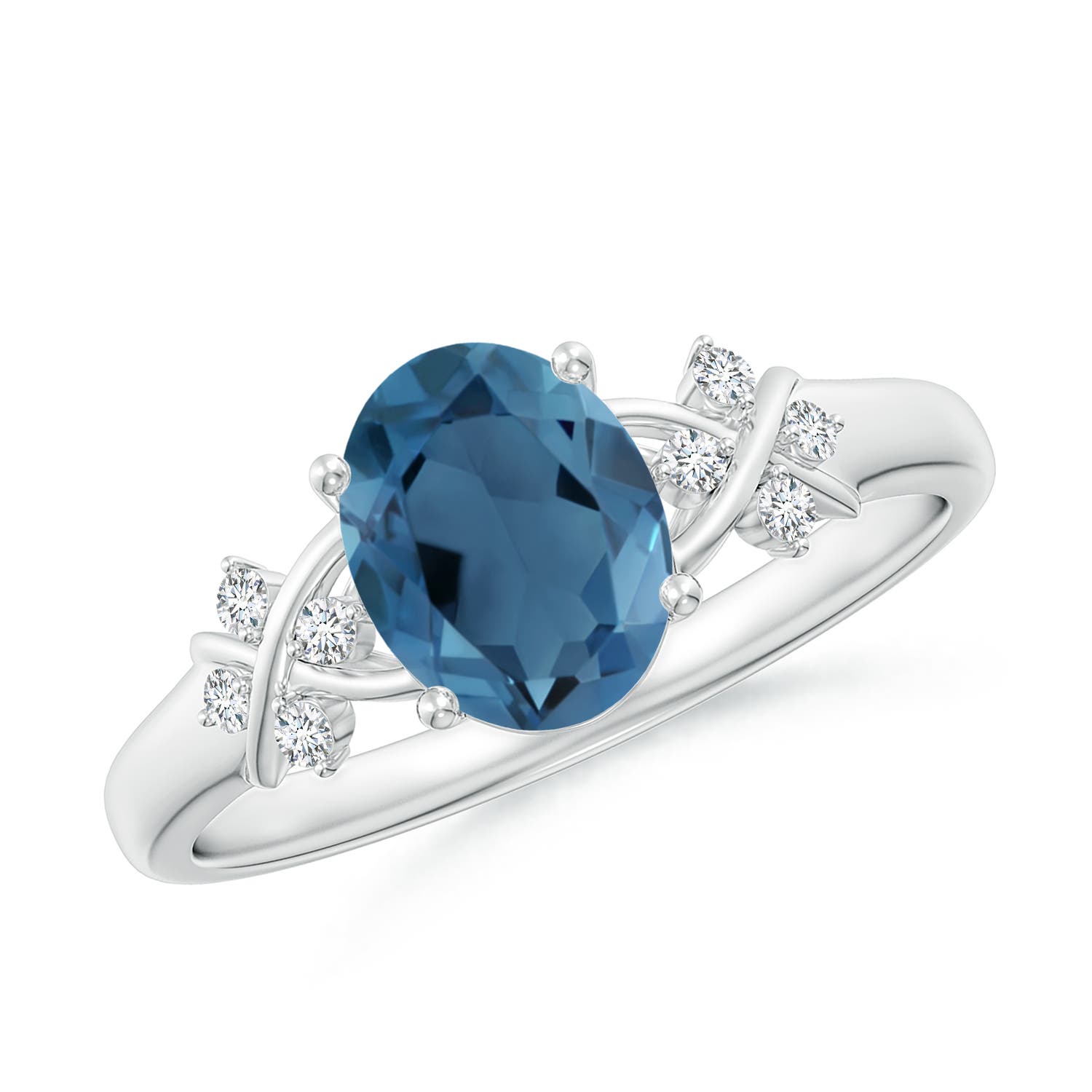 Angara 1.5 Carats Oval London Blue Topaz Criss Cross Ring with Diamonds in Platinum