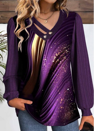 Modlily Purple Button Ombre Long Sleeve V Neck T Shirt