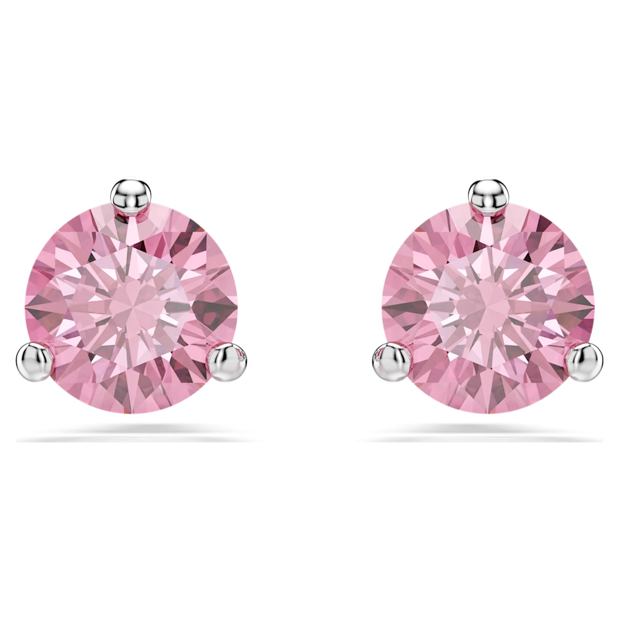 Solitaire stud earrings, Round cut, Pink, Rhodium plated