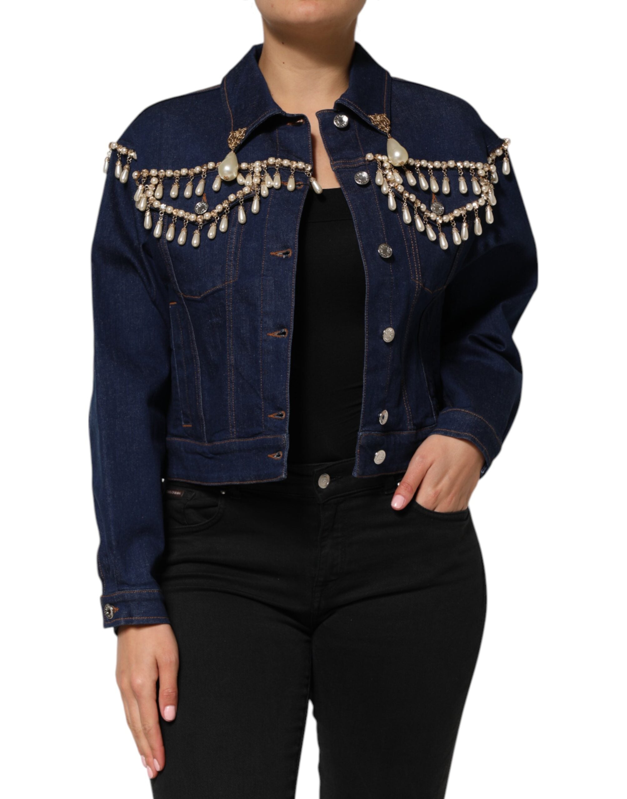 Crystal-Embellished Denim Jacket — Blue