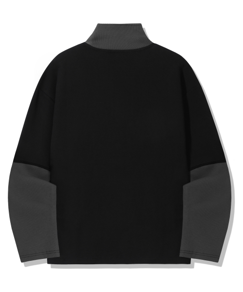 Waffle Ring Snap Collar Henley Neck Long Sleeve_Black