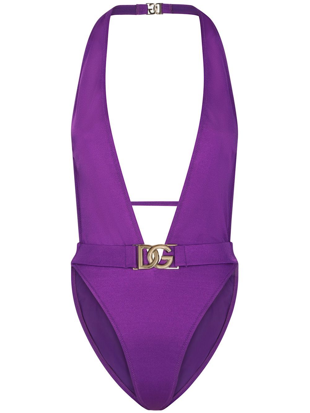 Logo-plaque halterneck swimsuit - Purple