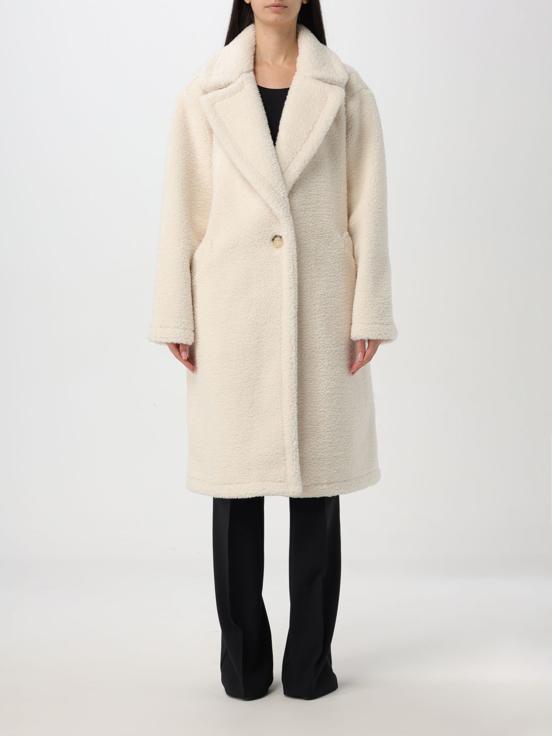 Faux-shearling single-breasted coat - Brown