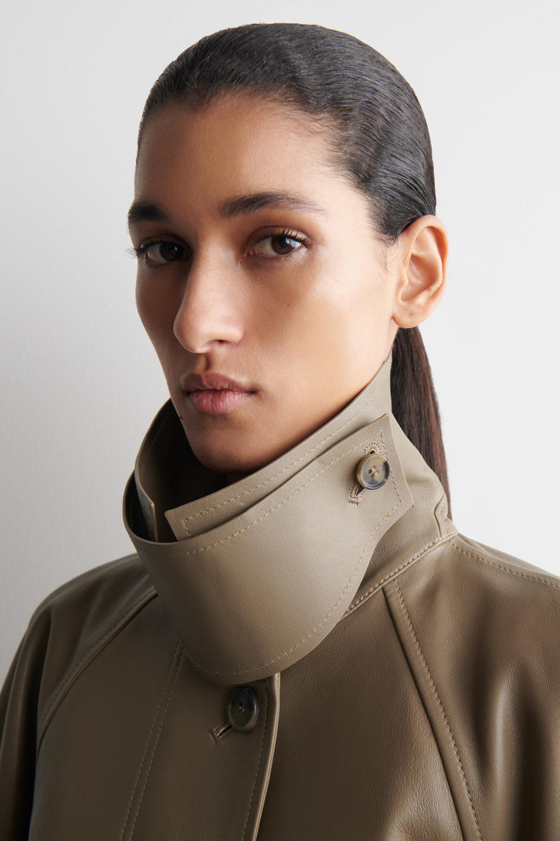 Mock-Neck Leather Short Trench Coat