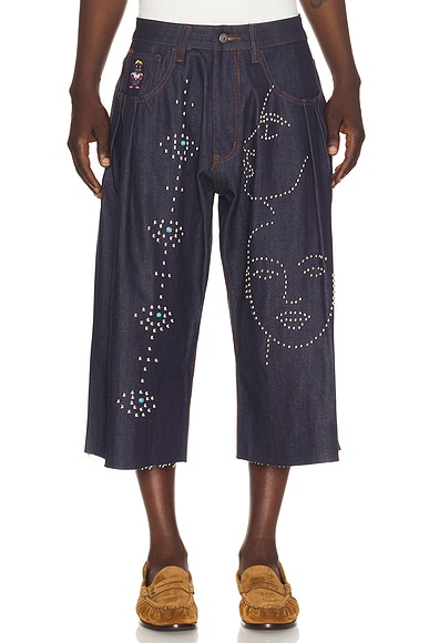 KidSuper Studded Face Plated Long Shorts in Undone Denim - Blue. L also in M, XL/1X