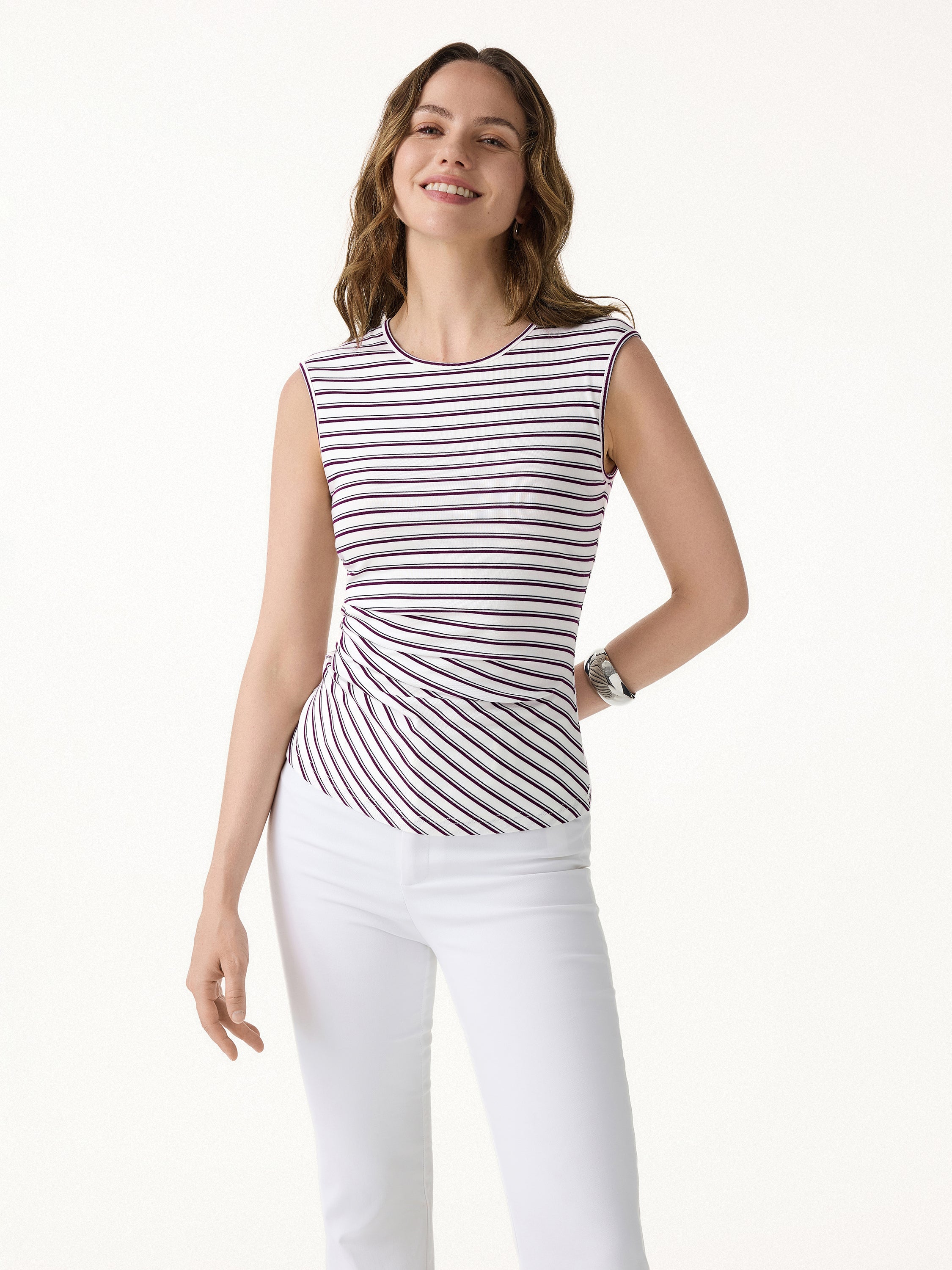Lyocell Striped Tucked Sleeveless Bra Top - White/Marron Stripe
