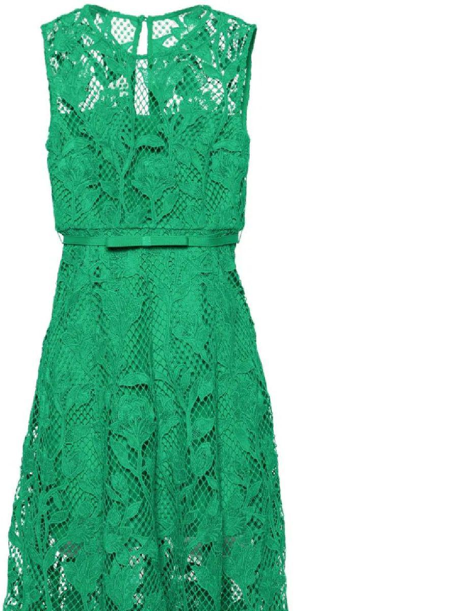 Midi Green Dress With All-Over Embroideries In Lace Woman