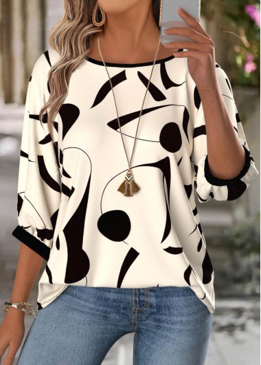 Modlily Beige Geometric Print 3/4 Sleeve Round Neck Blouse