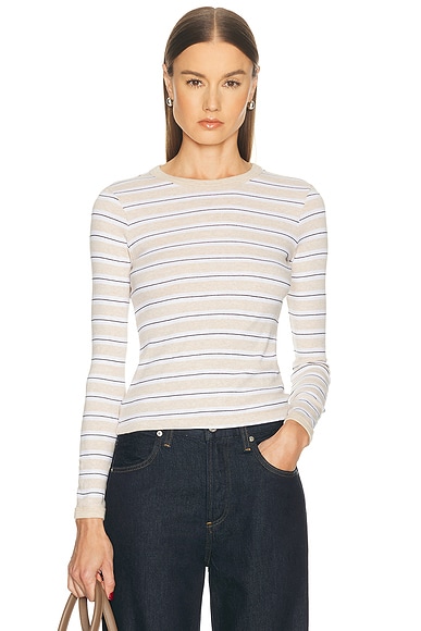 Enza Costa Cotton Stripe Classic Long Sleeve Top in Wheat & White - Beige. L also in M