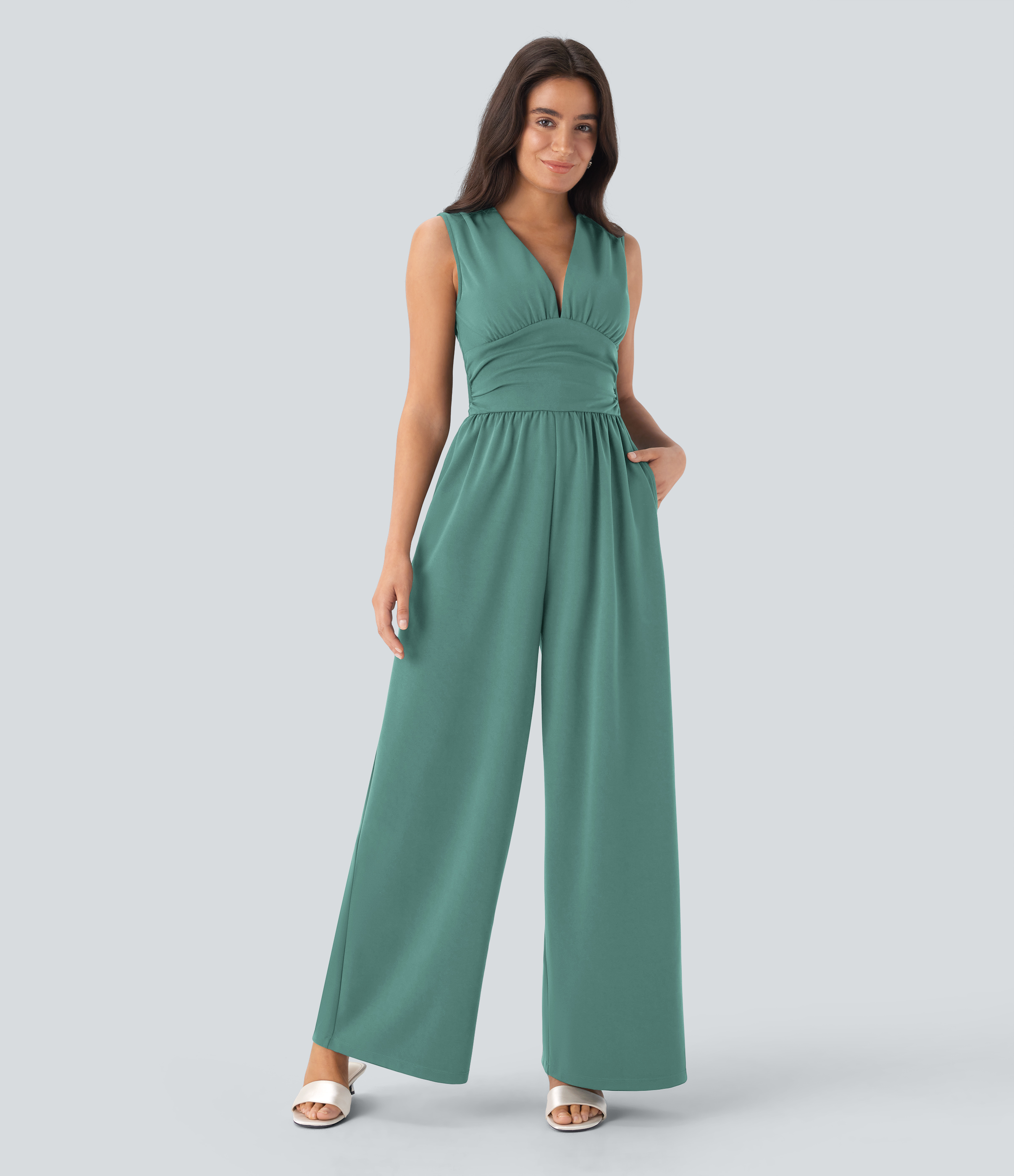 V Neck Sleeveless Ruched Pocket Jumpsuit-Easy Peezy  - Oil Blue