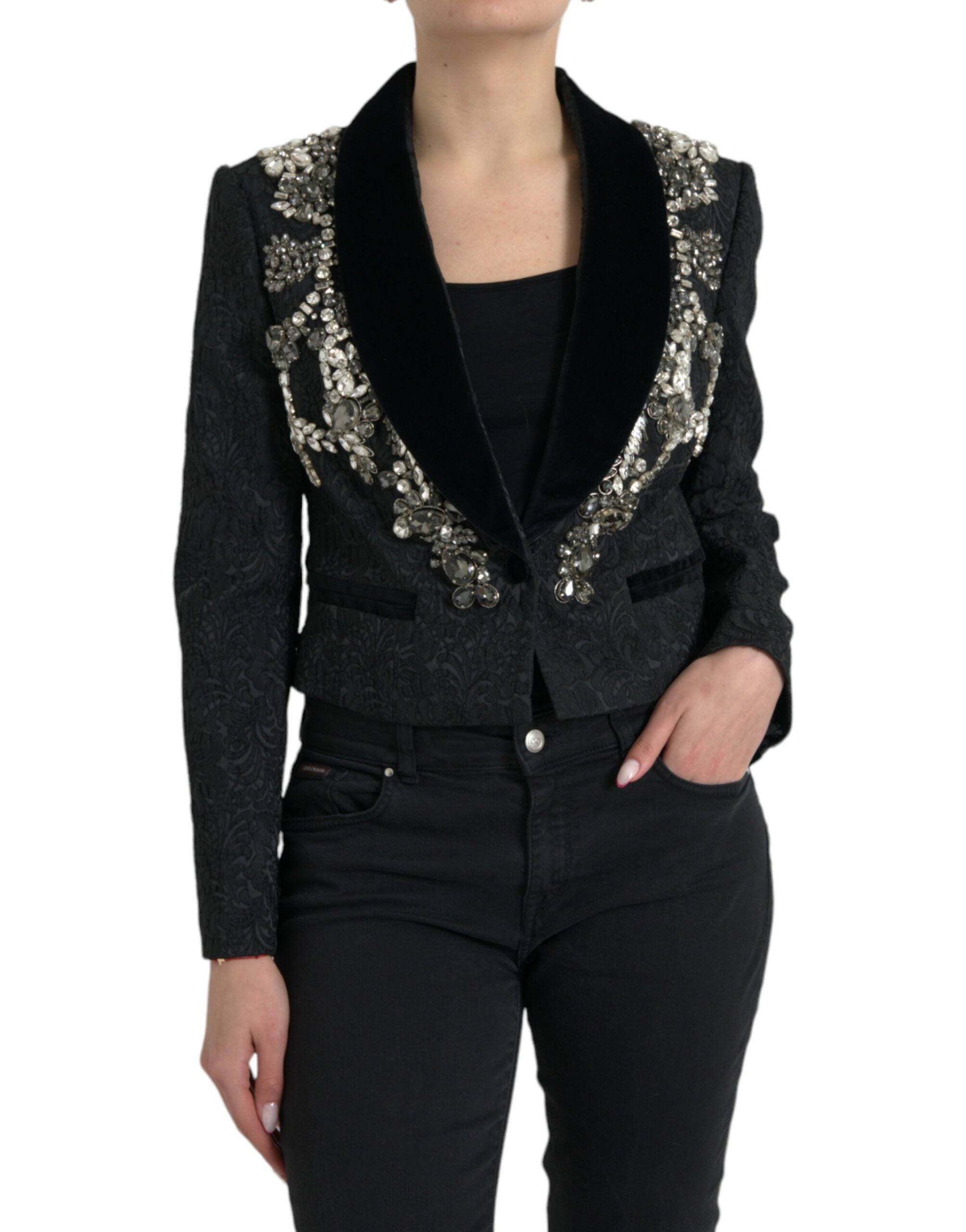 Crystal-Embellished Jacquard Blazer — Black