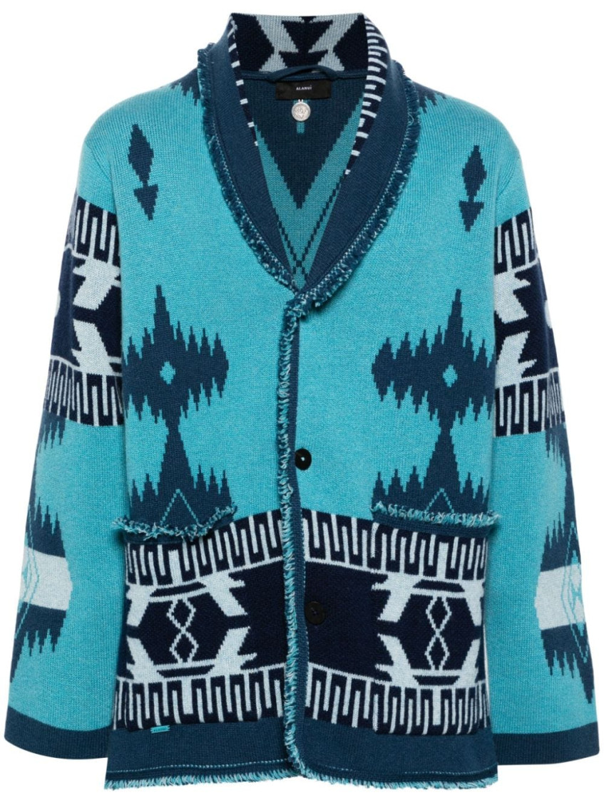 Icon Pattern Jacquard Fringed Detailed Cardigan
